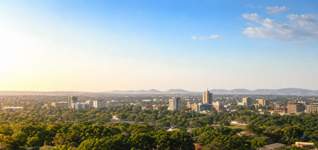 Lilongwe cityscape and landscaped boulevards at sunrise